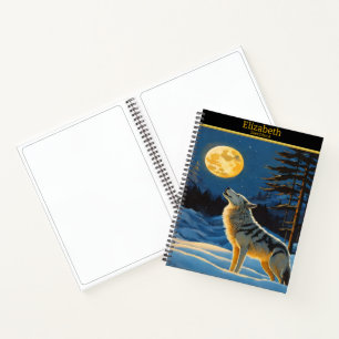 A wolf serenades the moonlit night on paper notebook