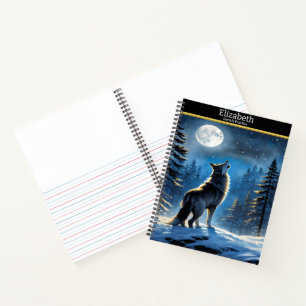 A wolf sings to the moon on a starry winter night notebook