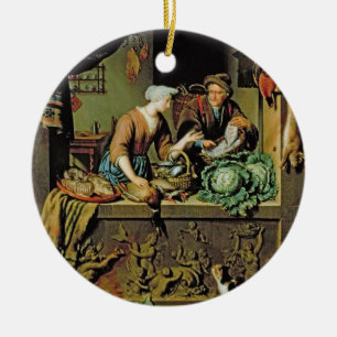 A Woman and a Fish Peddler, 1713 (oil on panel) Ceramic Ornament