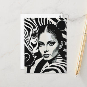 A woman and a zebra postcard