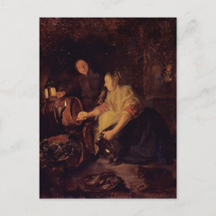 A Woman Drawing Wine from Barrel by Gabriel Metsu Postcard