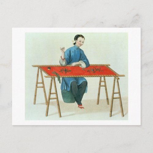 A Woman Embroidering plate 41 from The Costume o Postcard