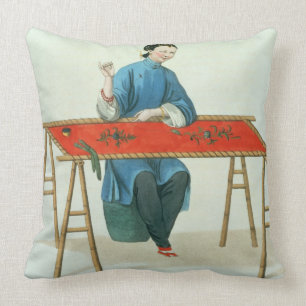 A Woman Embroidering, plate 41 from 'The Costume o Throw Pillow