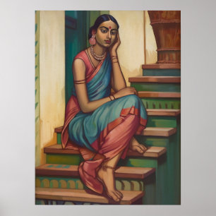 A woman from India engaged in thoughts   Home Wall Poster