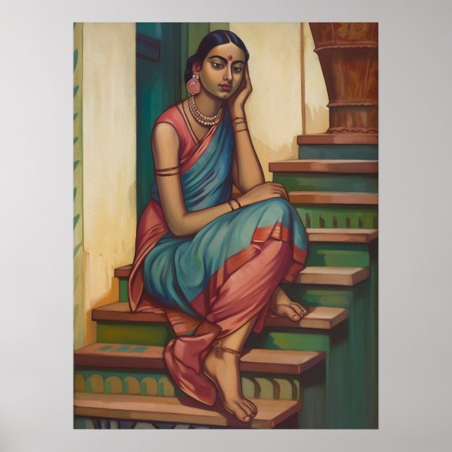 A woman from India engaged in thoughts | Home Wall Poster (Front)