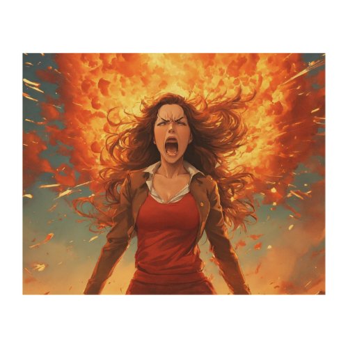 a woman getting very angry and exploding with ange wood wall art