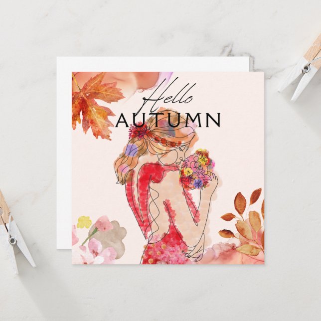 A woman holding a bouquet of fall colors invitation (Front/Back In Situ)