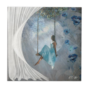 A woman in a blue dress on a swing ceramic tile