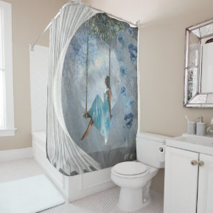 A woman in a blue dress on a swing  shower curtain