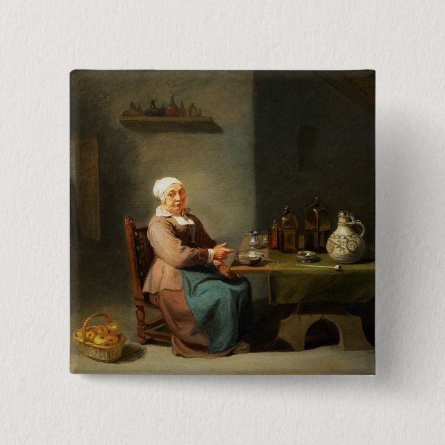 A Woman in a kitchen Button (Front)