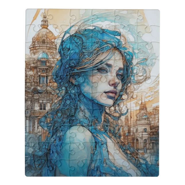 A Woman in the City Blues and Browns Jigsaw Puzzle (Puzzle Vertical)