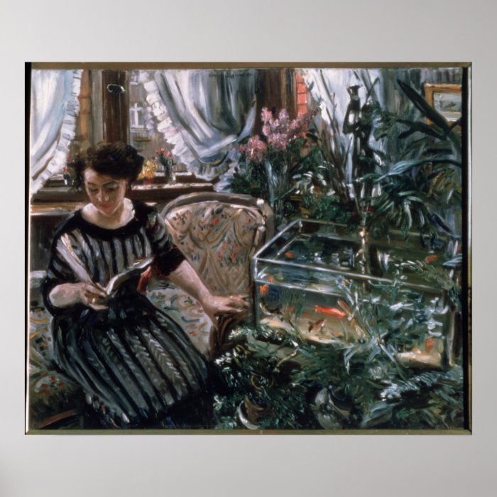 A Woman Reading near a Goldfish Tank Poster