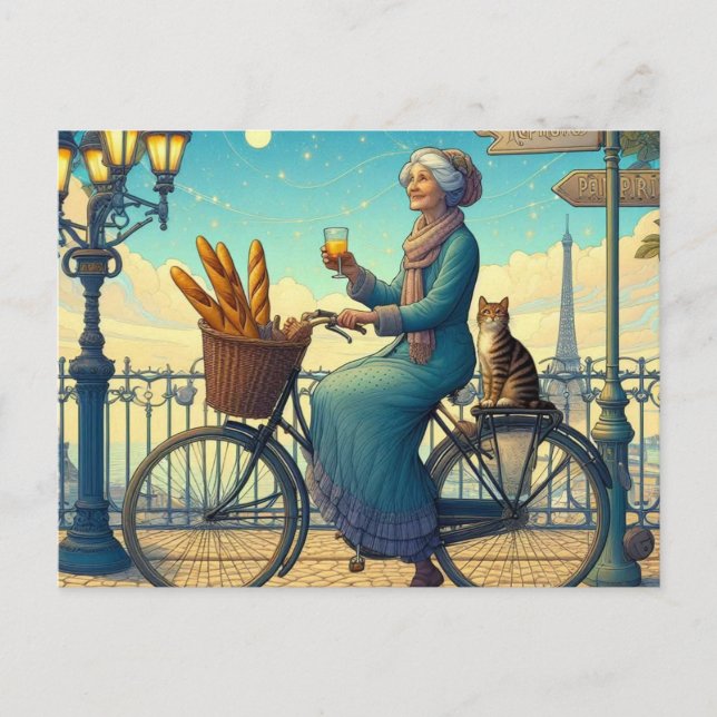 A woman riding a bicycle cat postcard (Front)