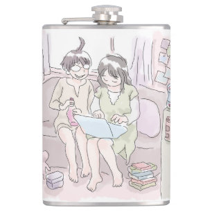 A woman sitting on a sofa in a dirty old room and flask