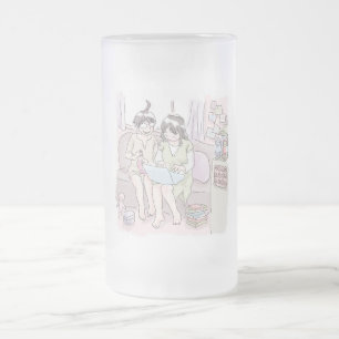 A woman sitting on a sofa in a dirty old room and frosted glass beer mug