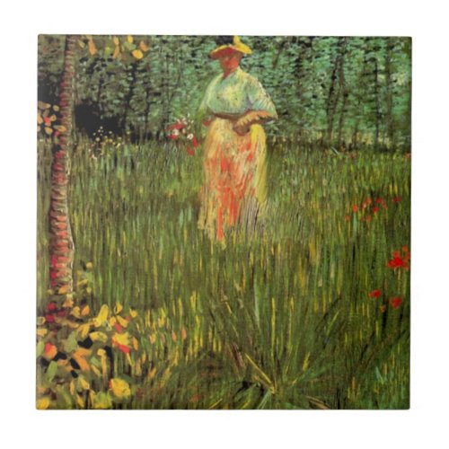 A Woman Walking in a Garden by Vincent van Gogh Ceramic Tile