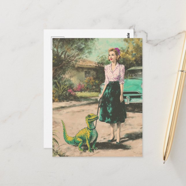 A woman walks her pet tiny Dino Postcard (Front/Back In Situ)