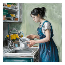 A woman washing dishes in a blue kitchen.