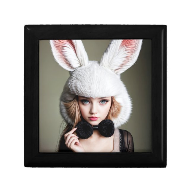 A woman wearing a rabbit hat and a black bow tie gift box (Front)