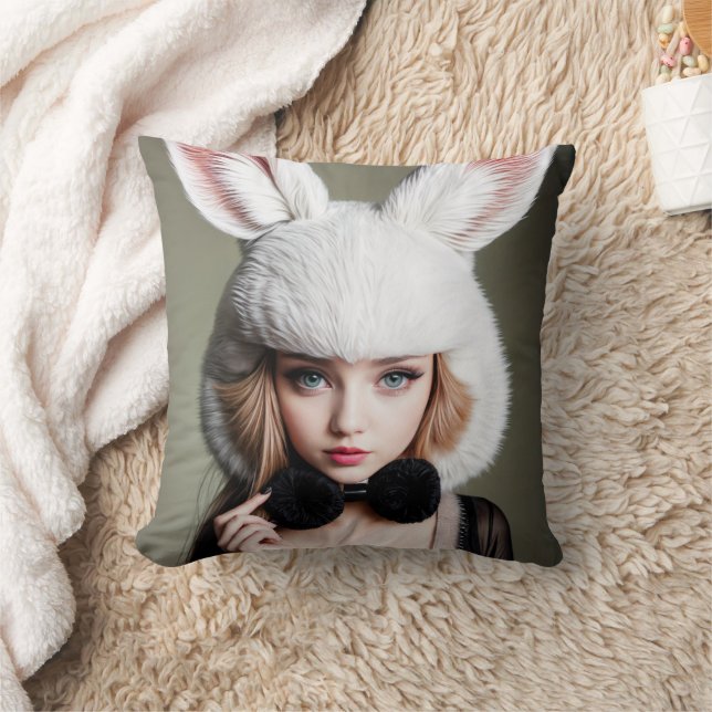 A woman wearing a rabbit hat and a black bow tie throw pillow (Blanket)