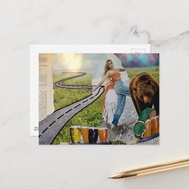 A Woman Who Chose The Bear surreal collage Postcard (Front/Back In Situ)