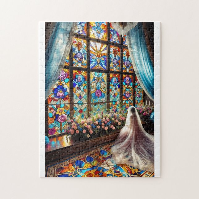 a woman who prays before a wedding jigsaw puzzle (Vertical)
