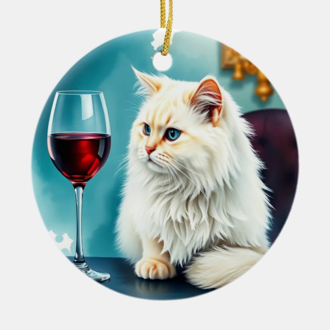 A woman wine/ and her cat ceramic ornament (Front)