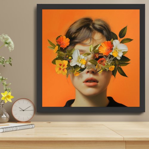 A woman with flowers covering her eyes framed art