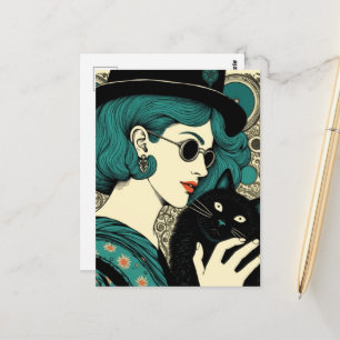 A woman with her black cat postcard