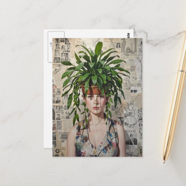 A Woman with  Houseplant on her Head Collage Postcard (Front/Back In Situ)