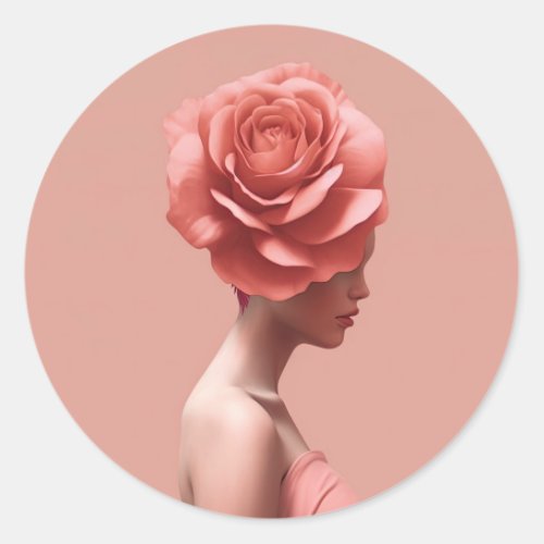 A woman with pink rose on her head classic round sticker