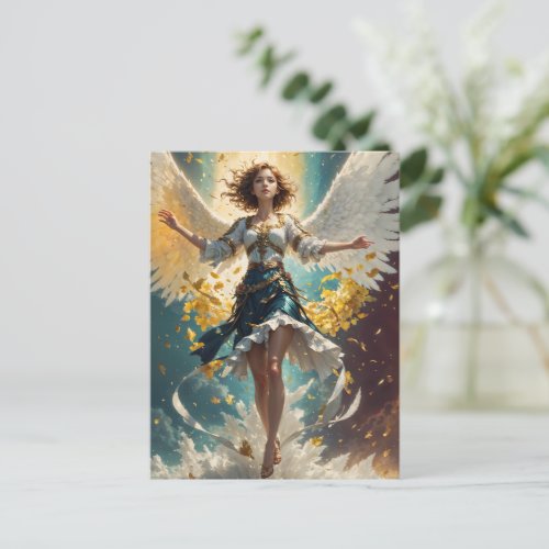 a woman with wings rising up in the air postcard