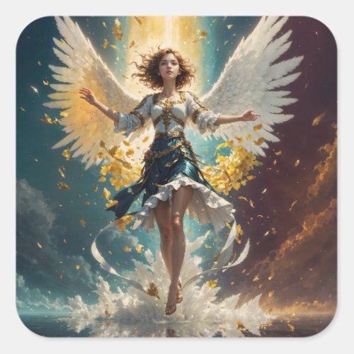 a woman with wings rising up in the air square sticker