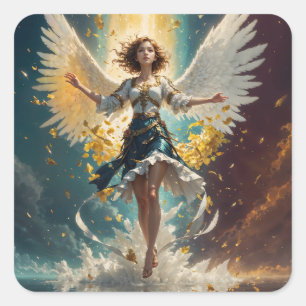 a woman with wings rising up in the air square sticker