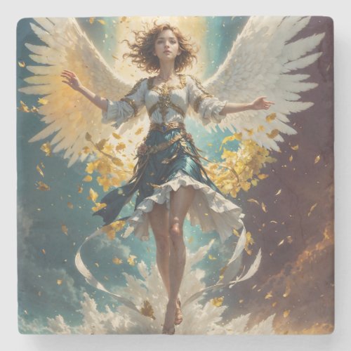 a woman with wings rising up in the air stone coaster