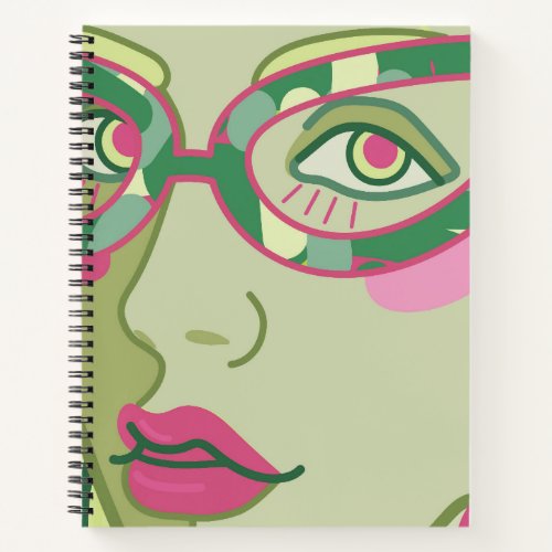 a womans face in vintage glasses notebook
