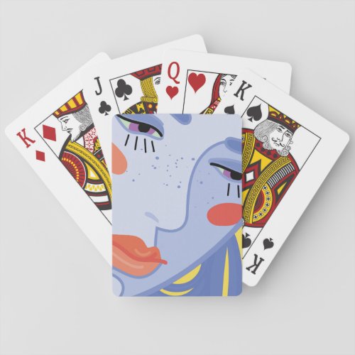  a womans face with a bright lipstick playing cards