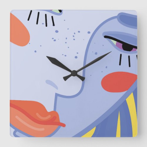  a womans face with a bright lipstick square wall clock