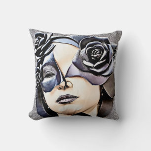 A woman's face with a leather mask and roses, throw pillow
