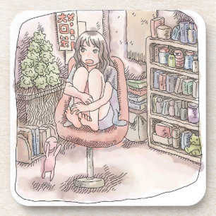 a woman's illustration of a room with a lottery bo beverage coaster