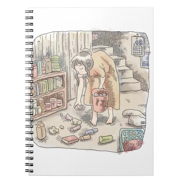 A woman's illustration of picking up trash lying b notebook (Front)