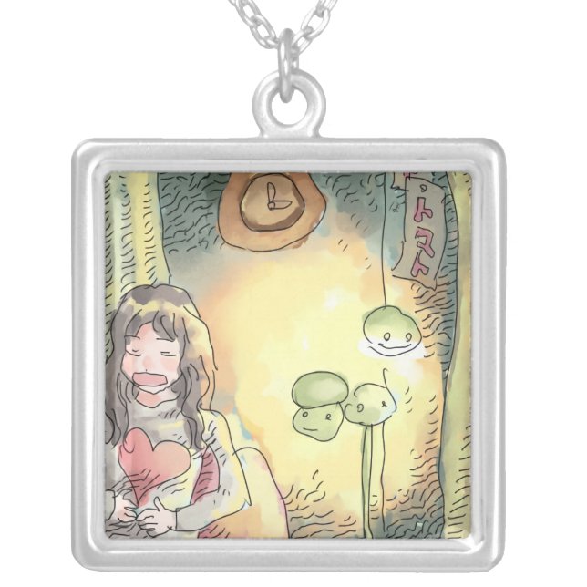 A woman's illustration sitting and resting with a  silver plated necklace (Front)