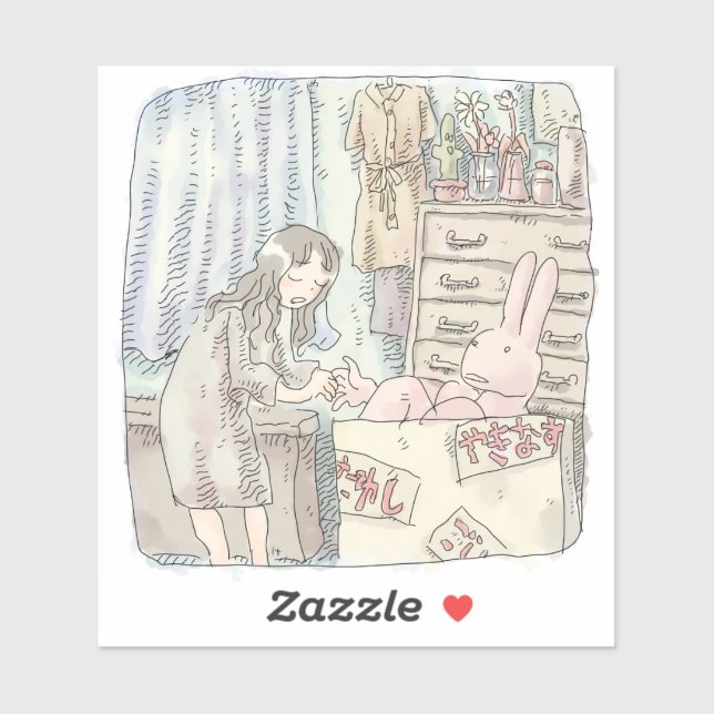 a woman's illustration that reaches for a rabbit i sticker (Sheet)