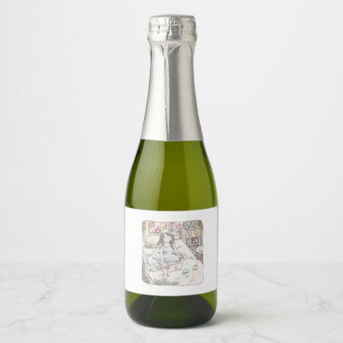 A womans illustration using a laptop with a sitti sparkling wine label