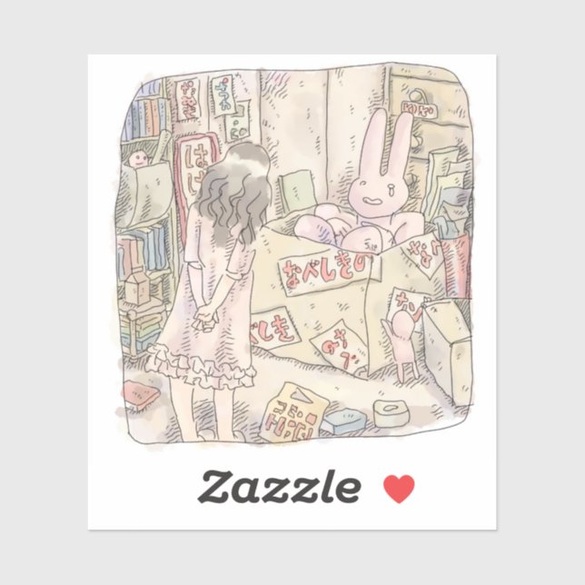 A woman's illustration watching a rabbit trembling sticker (Sheet)