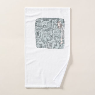 A woman's illustration with a lot of small machine hand towel