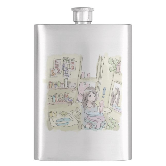 a woman's illustration with a rabbit peeping throu flask (Front)