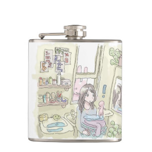 a woman's illustration with a rabbit peeping throu flask