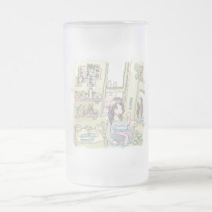 a woman's illustration with a rabbit peeping throu frosted glass beer mug