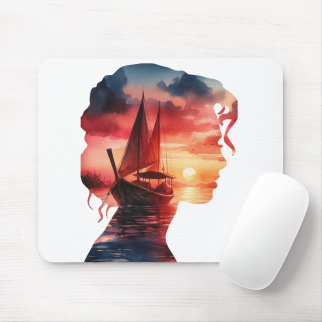 a woman's mask enveloping a sailboat at sunset mouse pad (With Mouse)